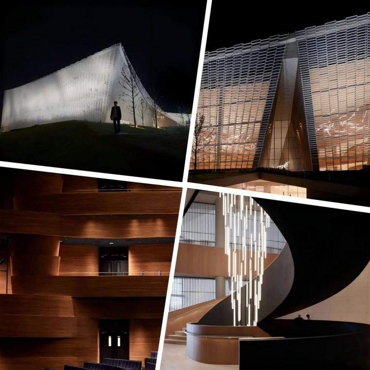 The illuminated terracotta baguettes at night create a warm and inviting ambiance, showcasing the beauty and depth of the ceramic façade.