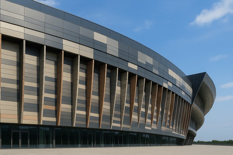 Stadium facade with terracotta baguettes providing sun shading and ventilation