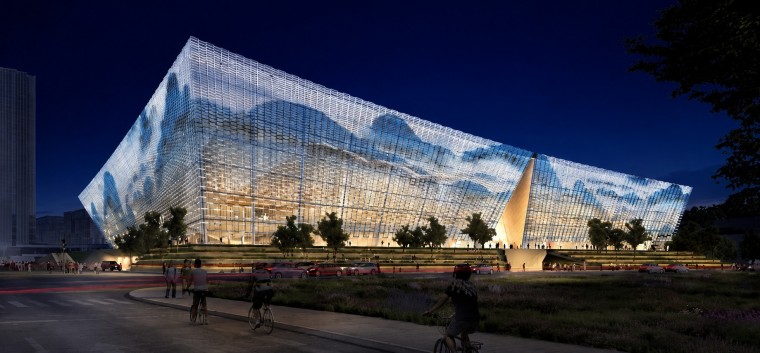 Double-curved facade of Nanchang Poly Grand Theatre with illuminated ceramic fins at night Double-curved facade of Nanchang Poly Grand Theatre with illuminated ceramic fins at night