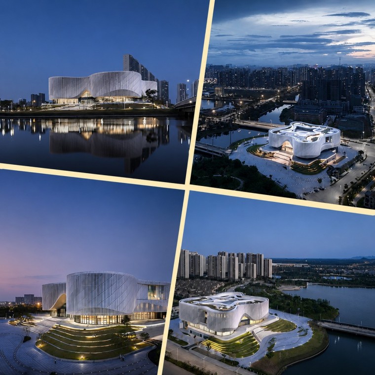 Collage of Yangjiang Cultural Center night views with white ceramic fins Collage of Yangjiang Cultural Center night views with white ceramic fins