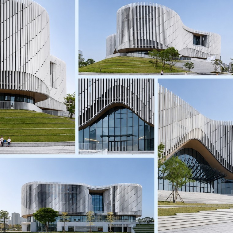 Detail collage of white vertical terracotta fins on Yangjiang Cultural Center facade Detail collage of white vertical terracotta fins on Yangjiang Cultural Center facade