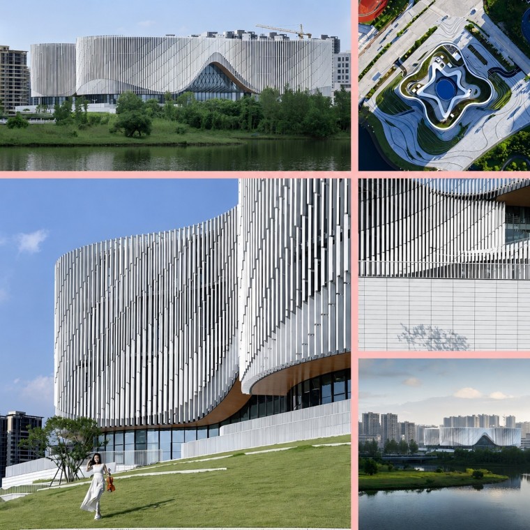 Collage showing riverside and aerial views of Yangjiang Cultural Center with white terracotta facade Collage showing riverside and aerial views of Yangjiang Cultural Center with white terracotta facade