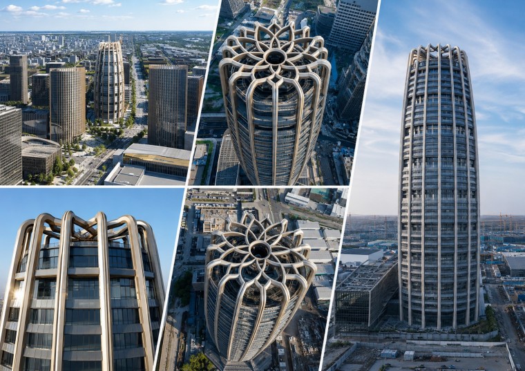 Clay sunscreen fins and vertical facade composition on a modern landmark tower